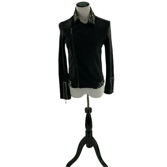 Max Jeans Jacket Womens Size Small Studs Rhinestones Symmetrical Front Zip Black - Picture 12 of 12